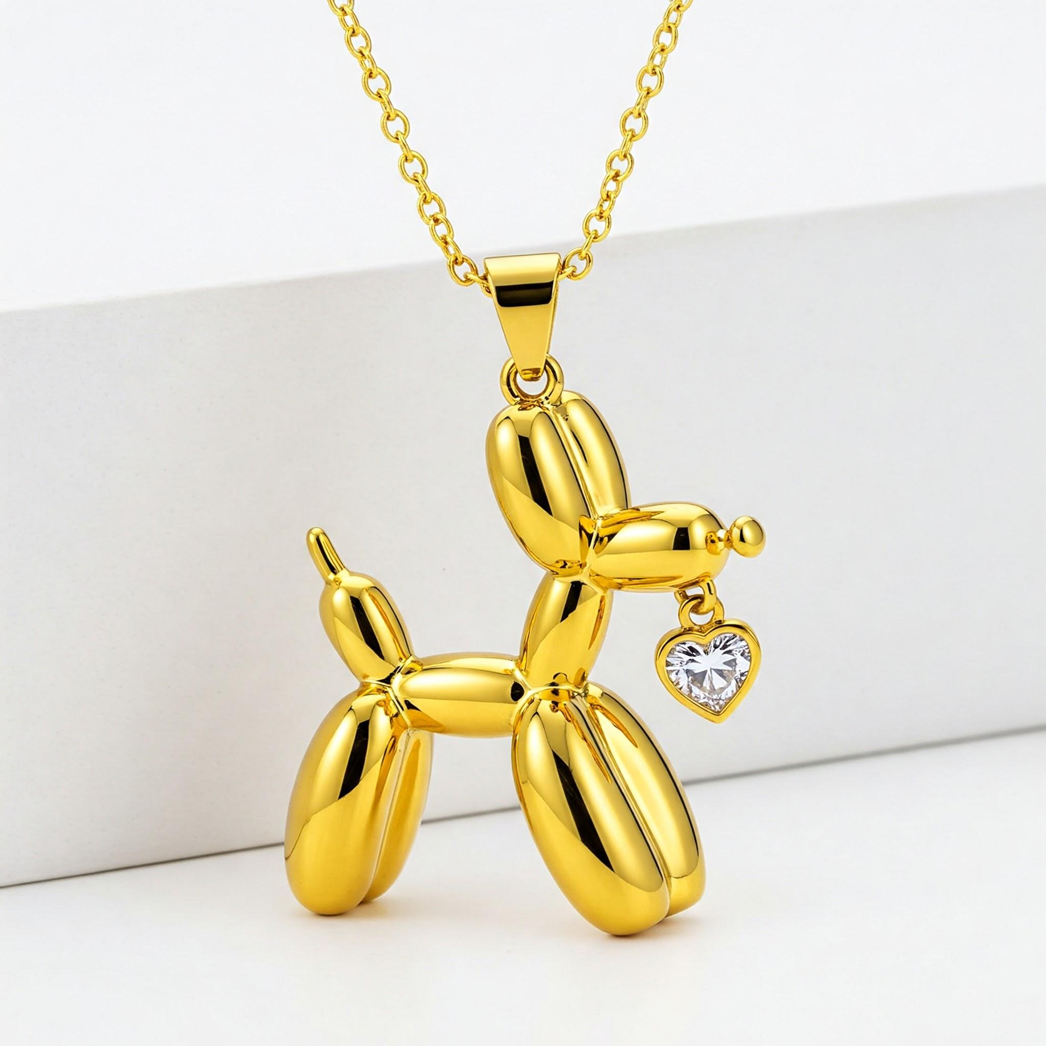 Stainless Steel Balloon Dog Pendant Necklace with Heart-Shaped Crystal